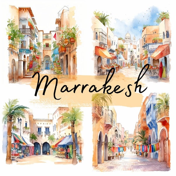 Maisons de Marrakech, Maroc, Aquarelle, clipart, 16 fichiers transparents PNG de haute qualité, graphiques imprimables, téléchargement numérique, Scrapbooking