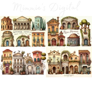 May include: Watercolor illustrations of various European-style buildings. The buildings feature arched doorways, tiled roofs, and decorative details. Some buildings have potted plants and vines. The image has the text "Mimmie's Digital" in the upper left corner.