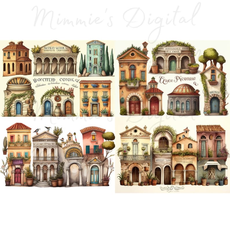May include: Watercolor illustrations of various European-style buildings. The buildings feature arched doorways, tiled roofs, and decorative details. Some buildings have potted plants and vines. The image has the text "Mimmie's Digital" in the upper left corner.