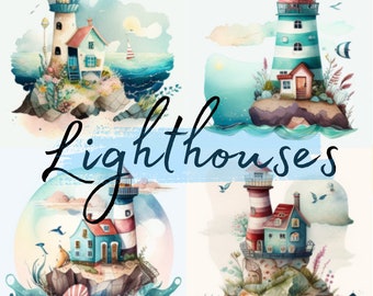 Whimsical Lighthouses, Watercolor, clipart, 20 High Quality PNG transparent files, printable graphics, digital download, Scrapbooking