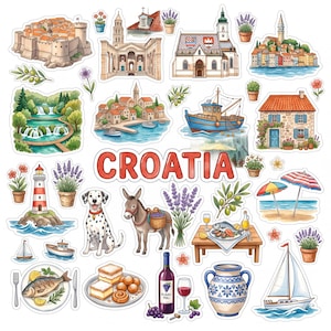 Op de afbeelding: Een verzameling stickers met Kroatische thema's, waaronder het woord CROATIA, een stenen fort, de Marcuskerk, een dalmatiër, een ezel, een vuurtoren, zeilboten, een vissersboot, lavendel, olijftakken, visgerechten en wijn.