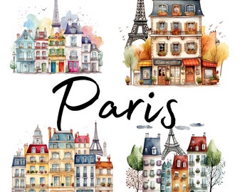 Houses of Paris, France, Watercolor, clipart, 20 High Quality PNG transparent files, printable graphics, digital download, Decoupage