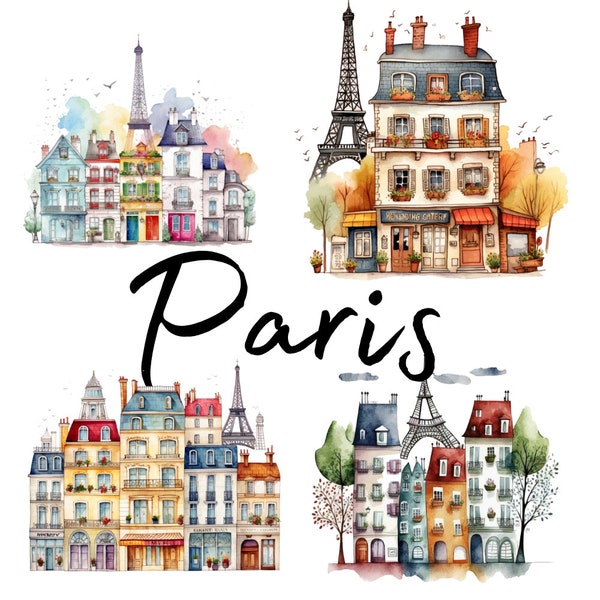 Houses of Paris, France, Watercolor, clipart, 20 High Quality PNG transparent files, printable graphics, digital download, Decoupage