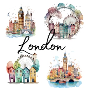 Casas de Londres, Acuarela, imágenes prediseñadas, 20 archivos transparentes PNG de alta calidad, gráficos imprimibles, descarga digital, Decoupage, Scrapbooking