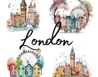 Houses of London, Watercolor, clipart, 20 High Quality PNG transparent files, printable graphics, digital download, Decoupage, Scrapbooking