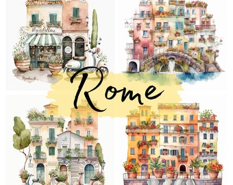 May include: A watercolor painting of four scenes of buildings in Rome, Italy. The buildings are painted in shades of yellow, orange, pink, and blue. The buildings have balconies with flowers and plants. There are also scooters in the scenes. The word "Rome" is written in cursive in the center of the image.