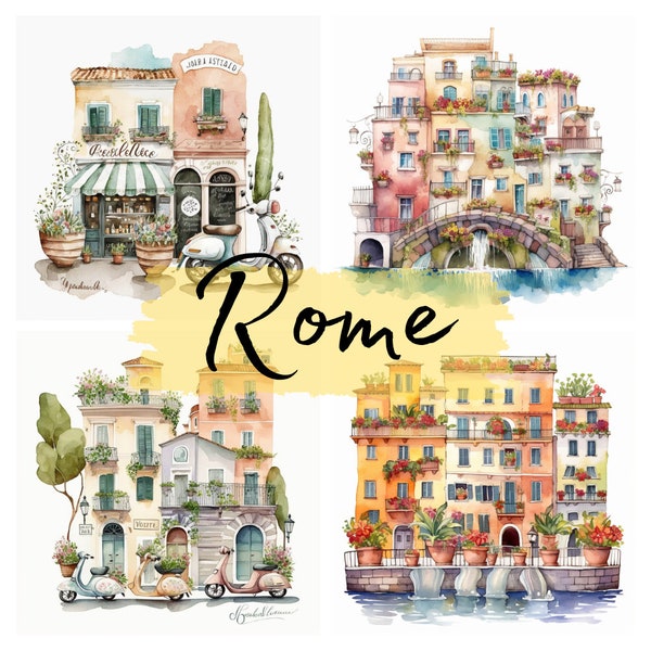 Huizen van Rome, Italië, aquarel, clipart, 13 transparante PNG-bestanden van hoge kwaliteit, afdrukbare graphics, digitale download, scrapbooking