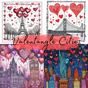 Ciudades Valentangle, 110 archivos PNG de alta calidad, Ciudades Zentangle Valentines, París, Londres, Nueva York, Moscú, Lisboa, Atenas, Dubai, Am'dam