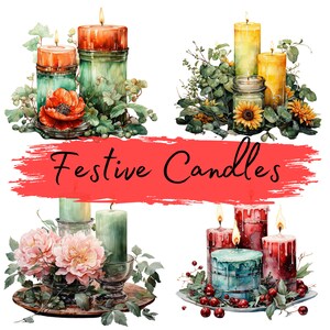 Festive Candles, 32 Watercolor Floral png Files, Candle sublimation, Candle Digital Images