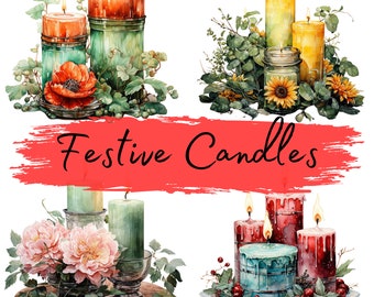 Festive Candles, 32 Watercolor Floral png Files, Candle sublimation, Candle Digital Images