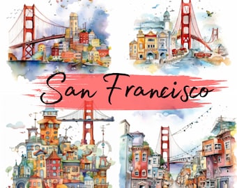 Houses of San Francisco, USA, Watercolor, clipart, 17 High Quality PNG transparent files, printable graphics, digital download, Decoupage