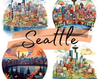 Houses of Seattle, USA, Watercolor, clipart, 15 High Quality PNG transparent files, Junk Journal, digital download, Scrapbooking