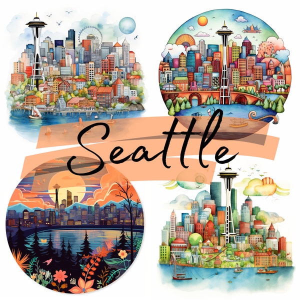 Maisons de Seattle, Etats-Unis, aquarelle, clipart, 15 fichiers transparents PNG de haute qualité, Junk Journal, téléchargement numérique, Scrapbooking