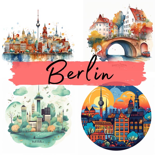 Houses of Berlin, Watercolor clipart, 21 High Quality PNG transparent files, digital download, Decoupage, Junk Journaling, Scrapbooking