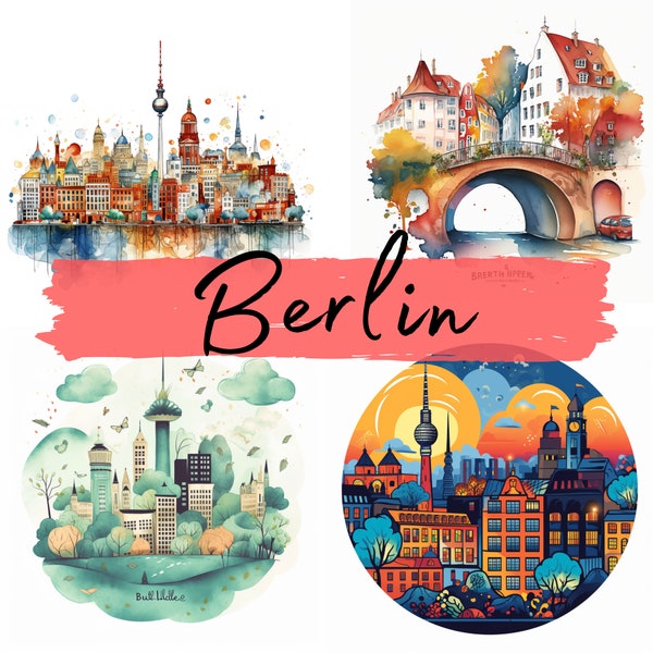 Casas de Berlín, imágenes prediseñadas de acuarela, 21 archivos transparentes PNG de alta calidad, descarga digital, Decoupage, Diario basura, Scrapbooking