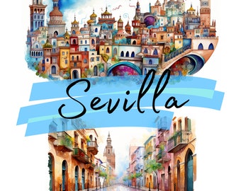 Houses of Sevilla, Spain, Giralda, Cathedral, Alcazar, 18 Watercolor clipart, PNG transparent files, printable graphics, digital download