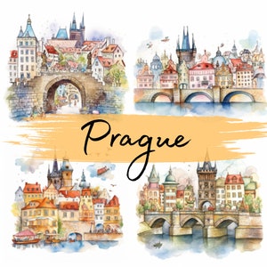 Houses of Prague, Watercolor, clipart, 25 High Quality PNG transparent files, printable graphics, digital download, Decoupage