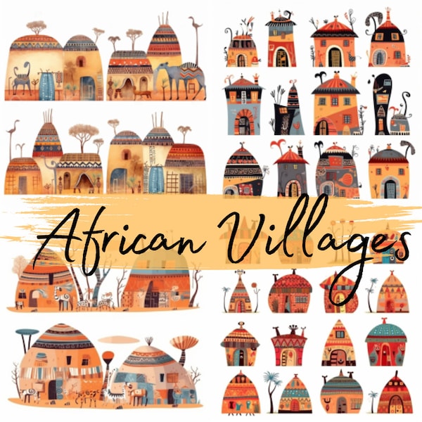 Village africain, Masai, Maisons fantaisistes, Aquarelle, clipart, 20 fichiers transparents PNG de haute qualité, Graphiques imprimables, Téléchargement numérique