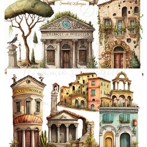May include: Watercolor illustrations of European architecture, including buildings with columns, arched doorways, and ornate details. The artwork features a variety of colors, including beige, brown, and green, with some buildings having text. The style is reminiscent of vintage travel posters.