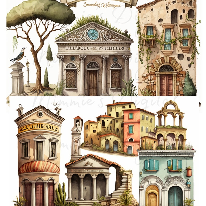 May include: Watercolor illustrations of European architecture, including buildings with columns, arched doorways, and ornate details. The artwork features a variety of colors, including beige, brown, and green, with some buildings having text. The style is reminiscent of vintage travel posters.