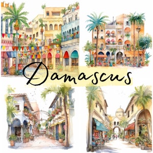 Casas de Damasco, acuarela, imágenes prediseñadas, 12 archivos transparentes PNG de alta calidad, gráficos imprimibles, descarga digital, Scrapbooking