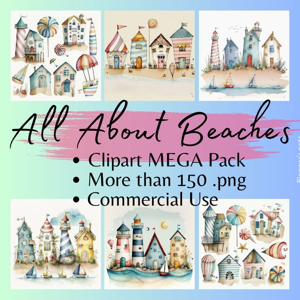 150 Beach Clipart | Mega Pack | Watercolor Beaches | Quality PNG transparent files | Instant Download| Decoupage | Scrapbooking