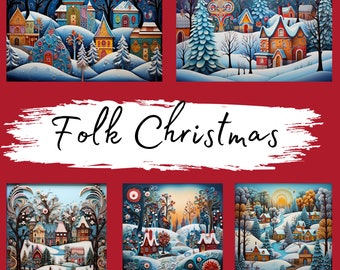 Folk Christmas Cards, 70 High Quality digital files, Junk Journal Ephemera, Art Journaling Cards, Christmas Digital, Vintage Christmas