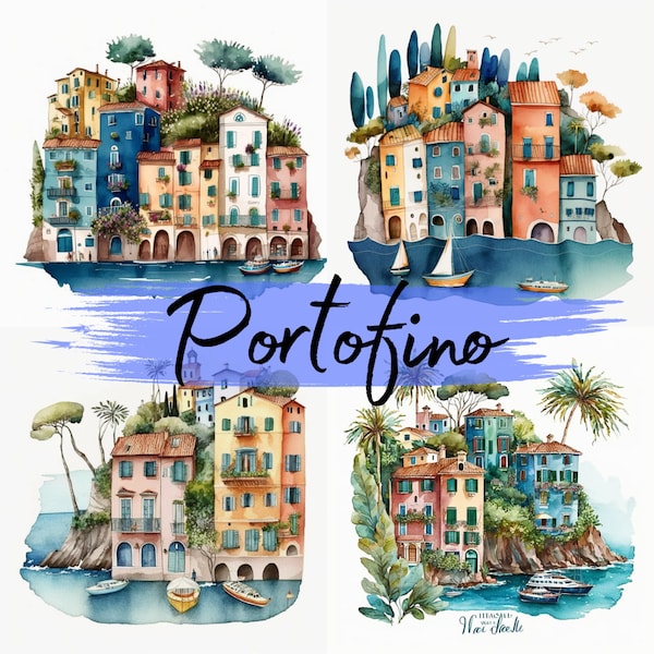 Houses of Portofino, Italy, clipart, 15 High Quality PNG transparent files, printable graphics, digital download, Decoupage