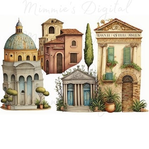 May include: Watercolor illustration of several European-style buildings. The buildings include a domed structure, a building with columns, and structures with arched doorways and windows. The color palette includes beige, brown, and blue.