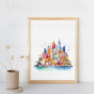 Pu&ograve; includere: Un dipinto ad acquerello dello skyline di Sydney, con l'iconico Sydney Opera House e l'Harbour Bridge. Il dipinto &egrave; incorniciato in una cornice di legno chiaro.