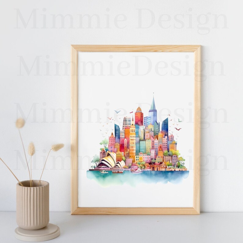 Pu&ograve; includere: Un dipinto ad acquerello dello skyline di Sydney, con l'iconico Sydney Opera House e l'Harbour Bridge. Il dipinto &egrave; incorniciato in una cornice di legno chiaro.