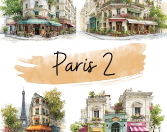 Houses of Paris, France, Watercolor, clipart, 30 High Quality PNG transparent files, printable graphics, digital download, Decoupage