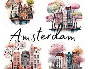 Houses of Amsterdam, Holland, Watercolor clipart, 38 High Quality PNG transparent files, printable graphics, digital download, Decoupage