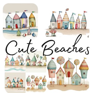 Cute Beach Huts, Watercolor, clipart, 12 High Quality PNG transparent files, printable graphics, digital download, decoupage, scrapbooking