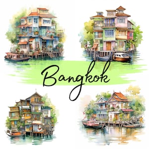 Houses of Bangkok, Thailand, Watercolor, clipart, 18 High Quality PNG transparent files, printable graphics, digital download, Decoupage