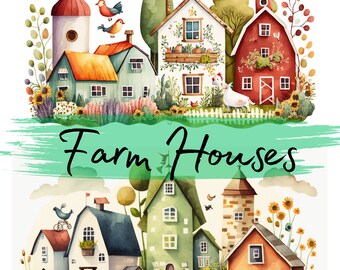 Farm Houses, Farming, clip art, 26 High Quality PNG transparent files, printable graphics, digital download, Decoupage