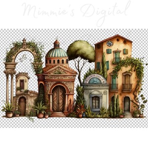 May include: Watercolor illustration of a European village scene. The image features several buildings with arched doorways, domes, and balconies, adorned with climbing plants. The color palette includes warm tones of beige, orange, and green, creating a charming, inviting aesthetic.