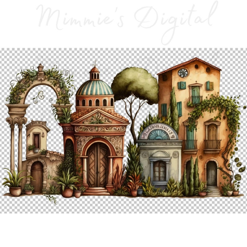 May include: Watercolor illustration of a European village scene. The image features several buildings with arched doorways, domes, and balconies, adorned with climbing plants. The color palette includes warm tones of beige, orange, and green, creating a charming, inviting aesthetic.