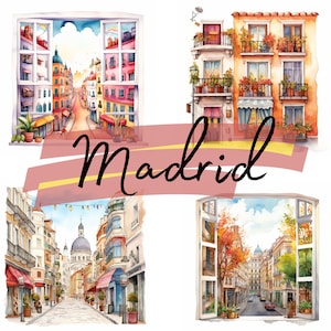 Houses of Madrid, Spain, Whimsy and Cute, 18 Watercolor clipart, High Quality PNG transparent files, printable graphics, digital download