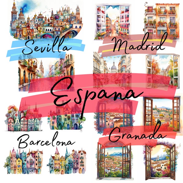 Big Spanish Bundle, Over 120 Watercolor clipart files, Barcelona, Madrid, Sevilla, Granada, Cordoba, Scrapbooking, Junk Journal,Downloadable