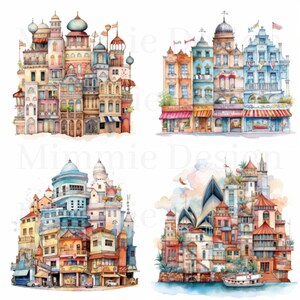 Pu&ograve; includere: Quattro acquerelli di edifici colorati e fantasiosi con dettagli intricati. Ogni dipinto presenta uno stile architettonico unico e una variet&agrave; di negozi e attivit&agrave; commerciali.