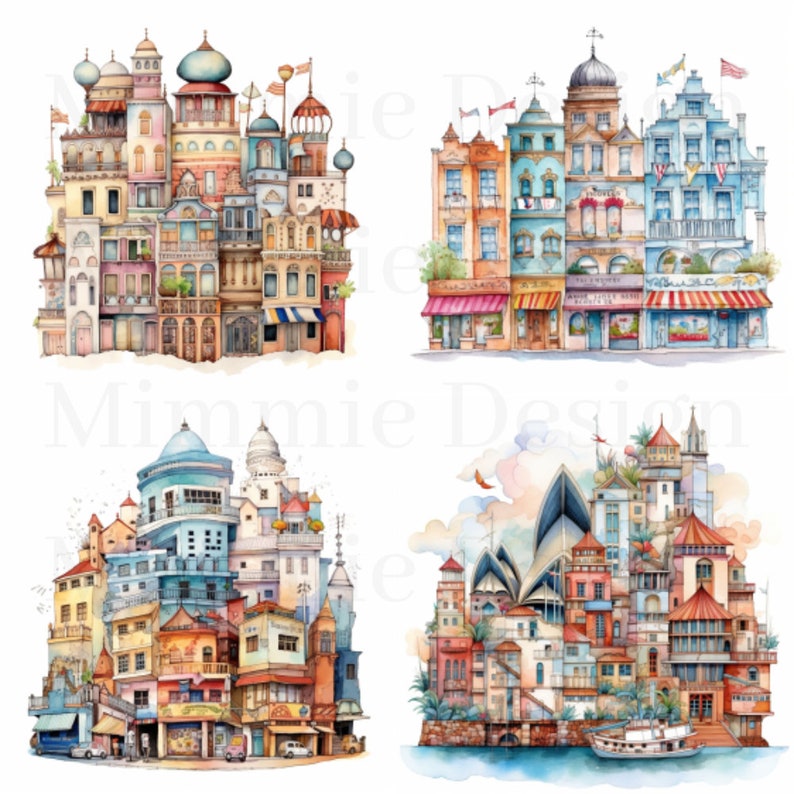 Pu&ograve; includere: Quattro acquerelli di edifici colorati e fantasiosi con dettagli intricati. Ogni dipinto presenta uno stile architettonico unico e una variet&agrave; di negozi e attivit&agrave; commerciali.