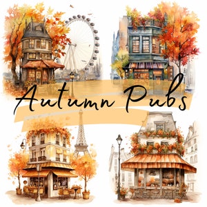 Herbstkneipen | Aquarell Clipart, 12 PNG-Dateien, Paris | London | New York | Scrapbooking, Junk Journal, Digitaler Download | Französisches Cafe