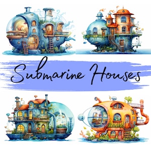 Submarine Houses, Whimsy and Colorful, Watercolor, clipart, 20 High Quality PNG transparent files, printable graphics, digital download