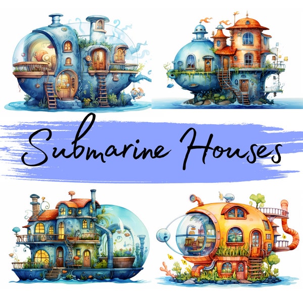 Submarine Houses, Whimsy and Colorful, Watercolor, clipart, 20 High Quality PNG transparent files, printable graphics, digital download