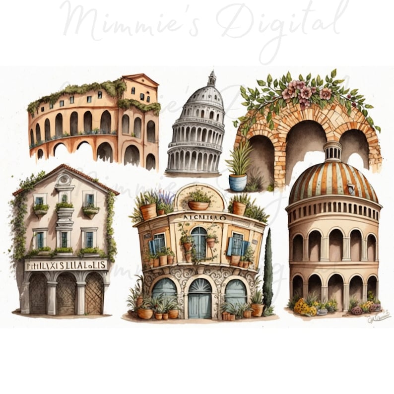 May include: Watercolor illustrations of Italian architecture, including the Colosseum, a leaning tower, and various buildings with arched doorways, domes, and potted plants. The buildings are in shades of beige, brown, and green, with the text "Mimie's Digital" in the top right corner.