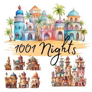 Arabian Nights Houses, Oriental Houses, Watercolor, clipart, 27 High Quality PNG transparent files, Printable Graphics, Digital Download