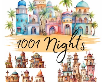 Arabian Nights Houses, Oriental Houses, Watercolor, clipart, 27 High Quality PNG transparent files, Printable Graphics, Digital Download