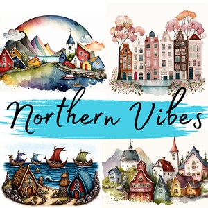 Northern Vibes, 72  Clipart| Bundle| Watercolor | Quality PNG transparent files | Amsterdam| Viking Houses | Scandinavian House | Swiss Alps