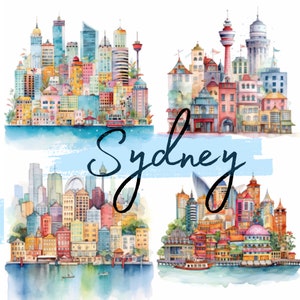 Pu&ograve; includere: Quattro illustrazioni ad acquerello dello skyline di Sydney, ognuna delle quali rappresenta una prospettiva diversa della citt&agrave;. Le illustrazioni presentano edifici colorati, ponti e barche, con un cielo blu e acqua sullo sfondo. La parola "Sydney" &egrave; scritta in corsivo sopra le immagini.